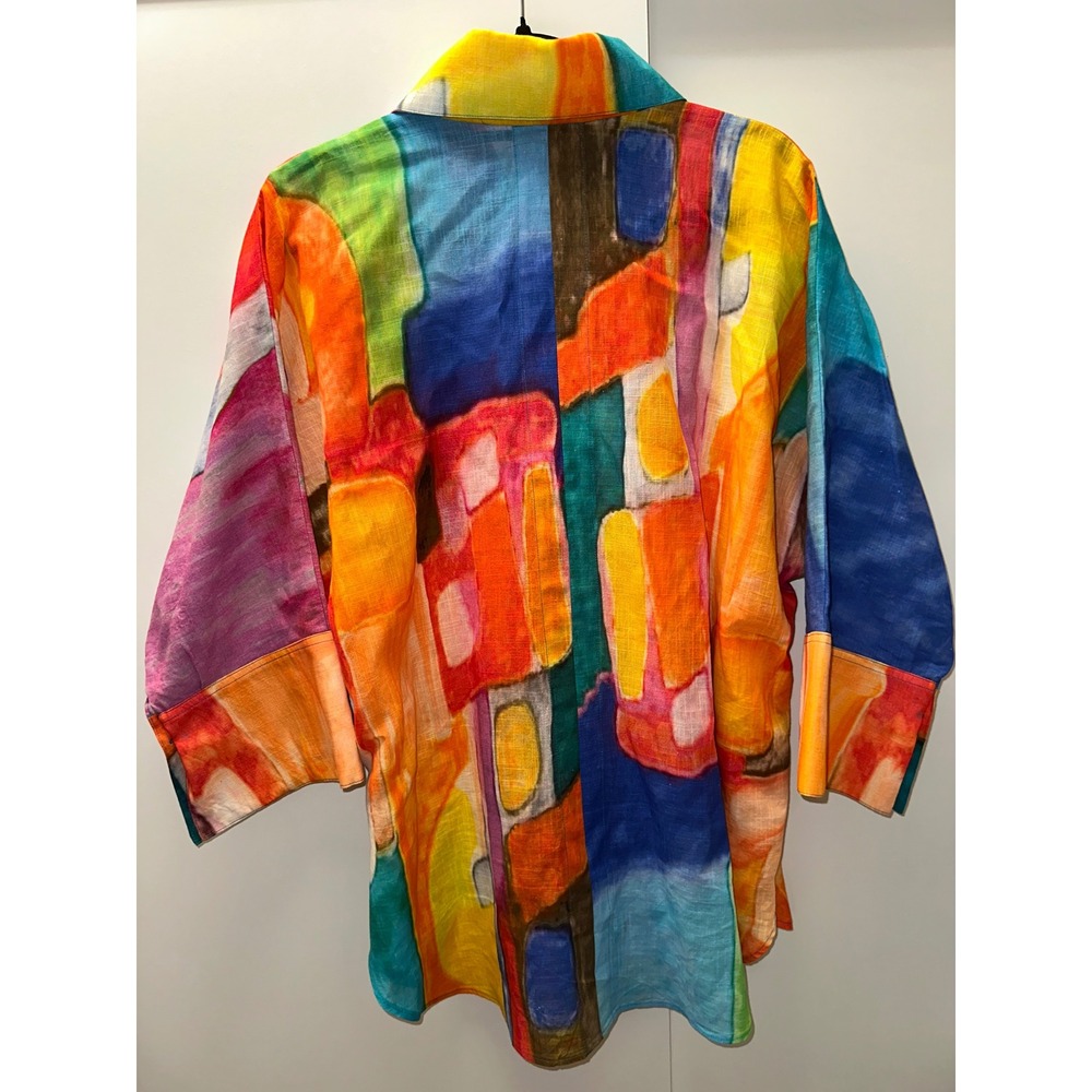 Dilemma New York Womens Abstract Art Print Cotton Button Down Shirt Multi Color - Picture 2 of 5